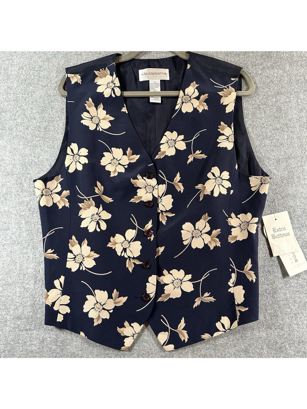 Liz Claiborne Navy Beige Floral Satin Silk V-Neck Button Vest Women’s 12